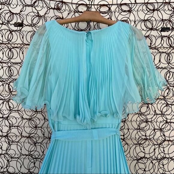 Vintage 60s light blue sheer cape accordion pleat dress maxi MEDIUM? - Picture 4 of 10